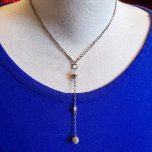 14" Silver Tone Necklace 4" Drop Pendant Ball Bead